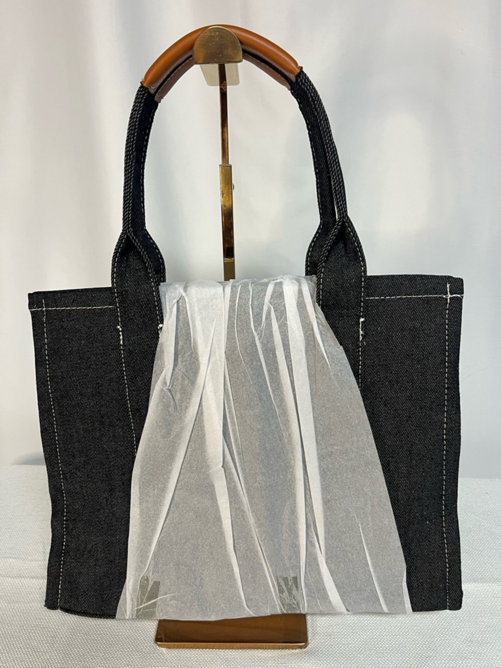 Denim Fashion Tote Bag with Contrast Brown Leather Top Handles - 13x10.5x5 - Picture 3 of 7